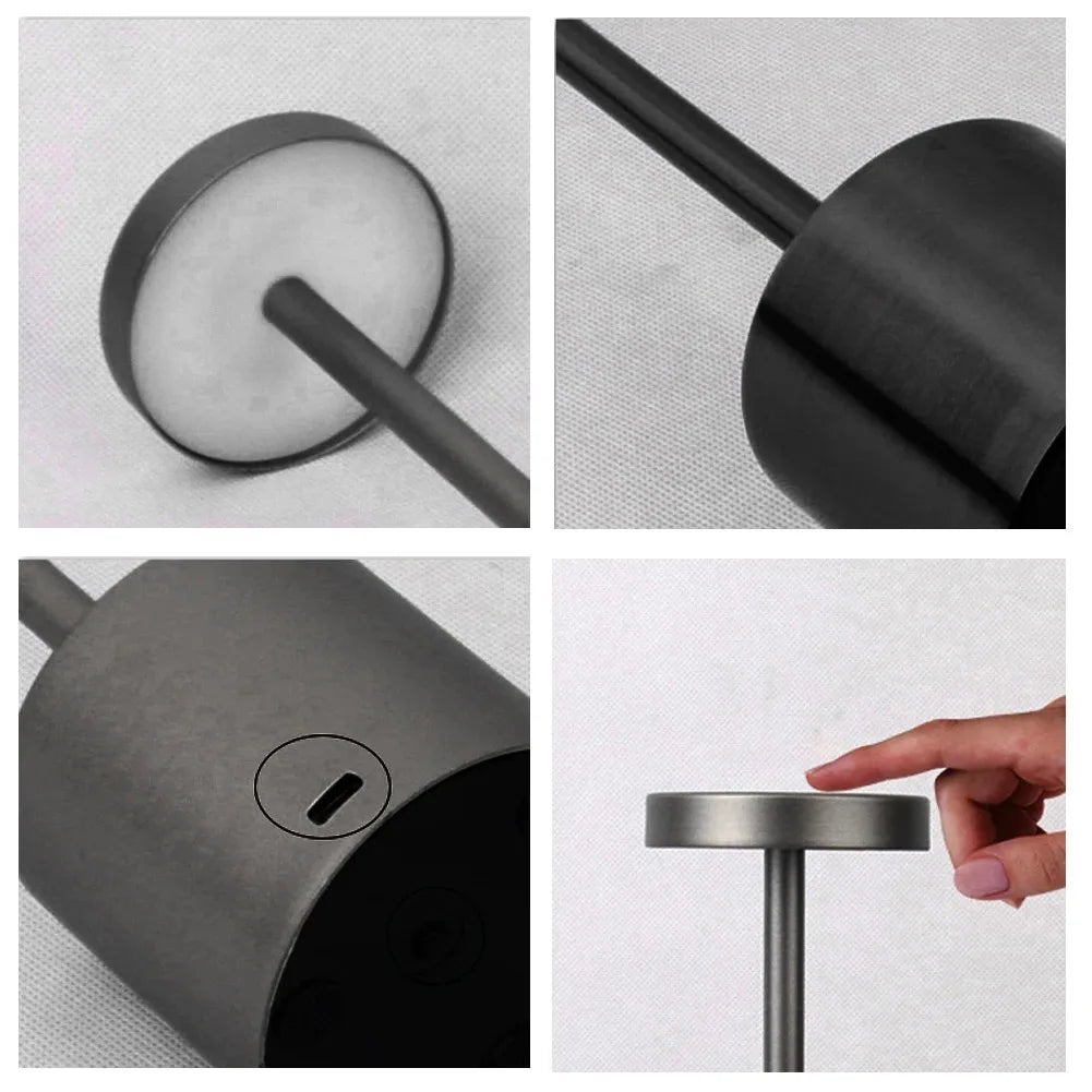 Cordless touch LED table lamp glowing warmly on a bedside table