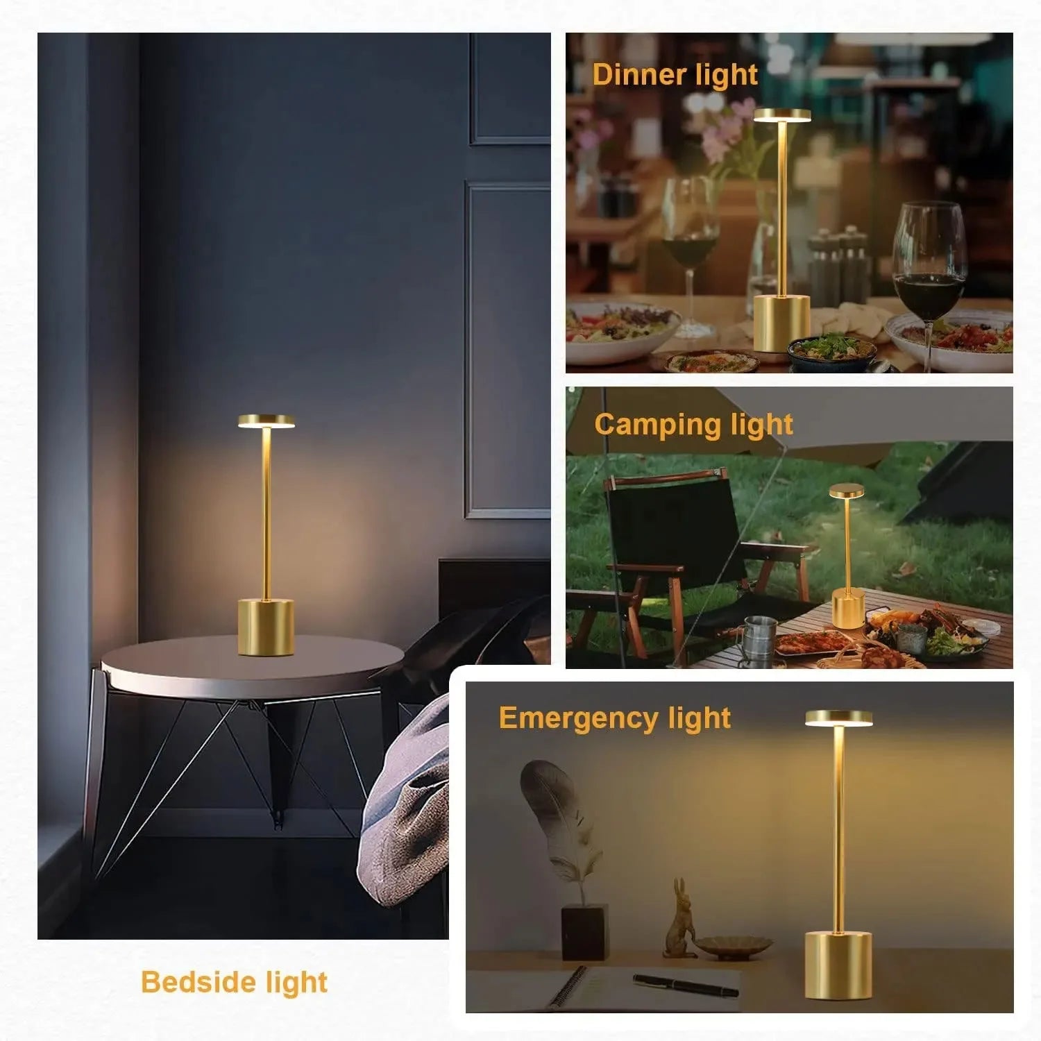 Cordless touch LED table lamp glowing warmly on a bedside table